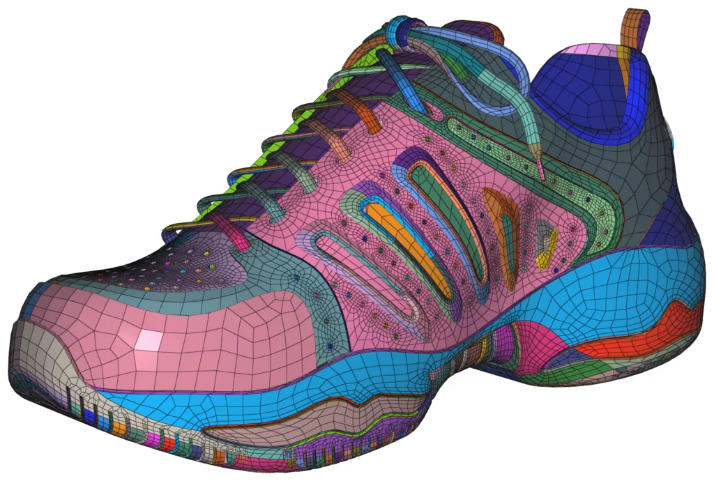 CM2 SurfMesh® Q4 - Anisotropic All-Quad Mesh - Sport Shoe (surfaces colored)